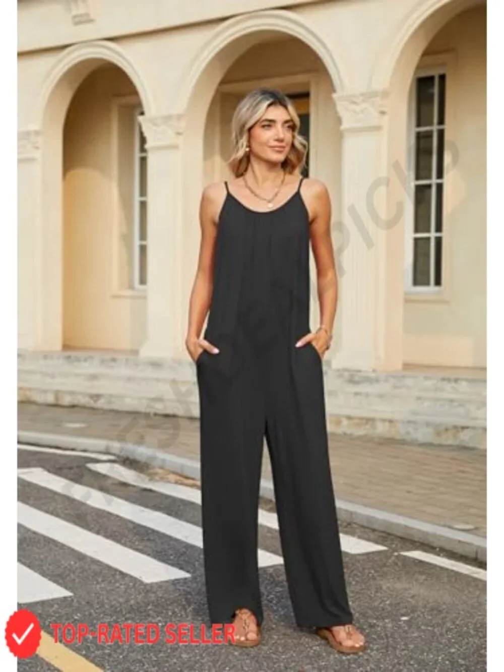 Womens Sleeveless Romper Adjustable Spaghetti Strap Wide Leg Jumpsuit with